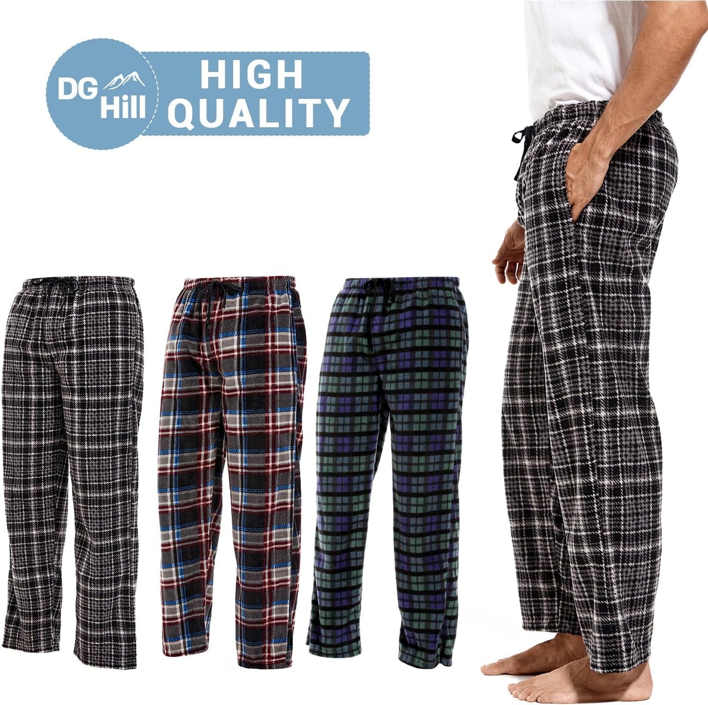 1Pack or 3Pack Mens PJ Pajama Pants Bottoms Fleece Lounge Pants Sleepwear Plaid Pjs with Pockets Microfleece