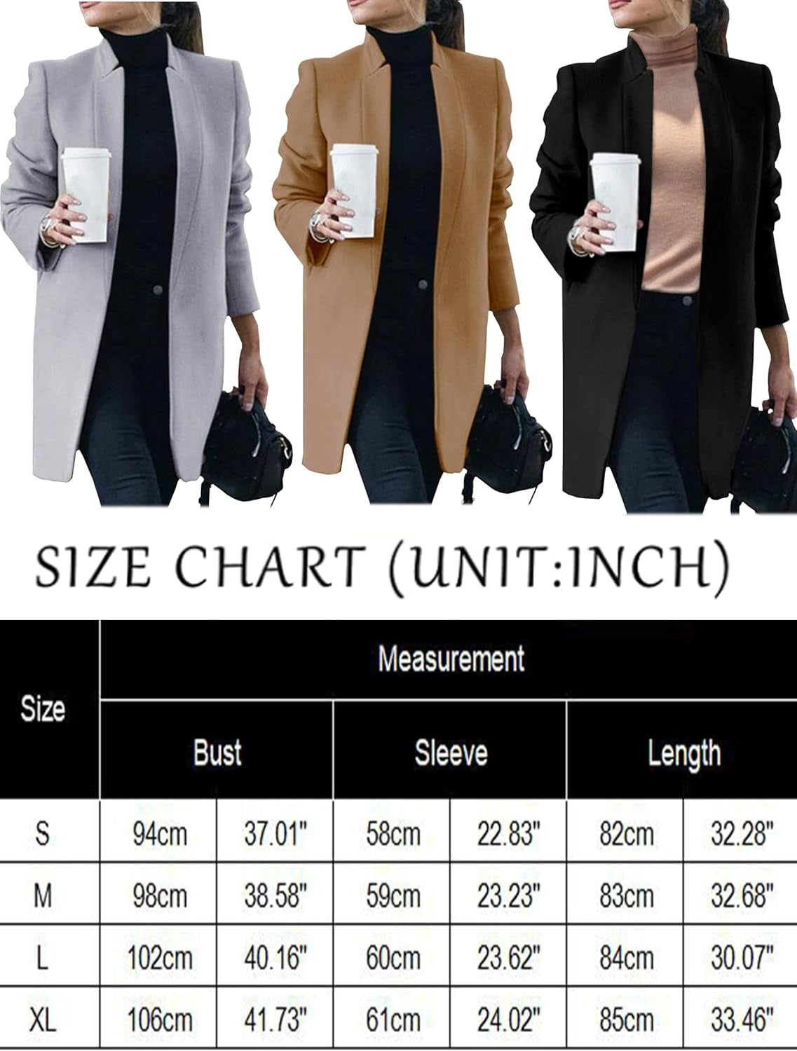 Women'S Peacoat Trench Coat Mid Long Outwear Casual Lapel Open Front Slim Fit Winter Blazer Cardigan Overcoat Khaki Medium