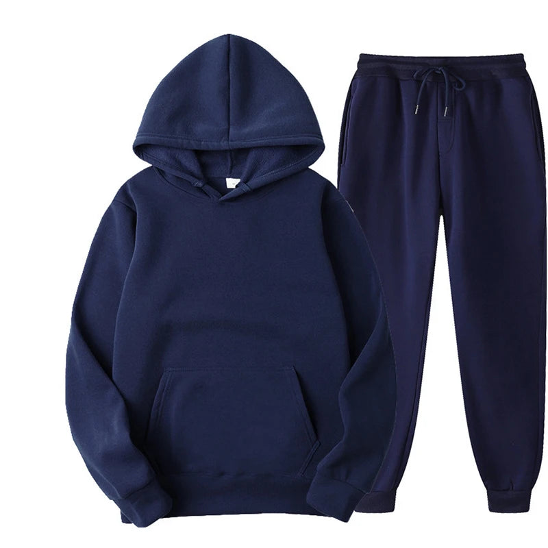 New Men Women Tracksuit Hoodies Casual Solid Color Thick Pullover and Long Pant 2-Piece Set Men Autumn Fleece Jogger Sports Suit