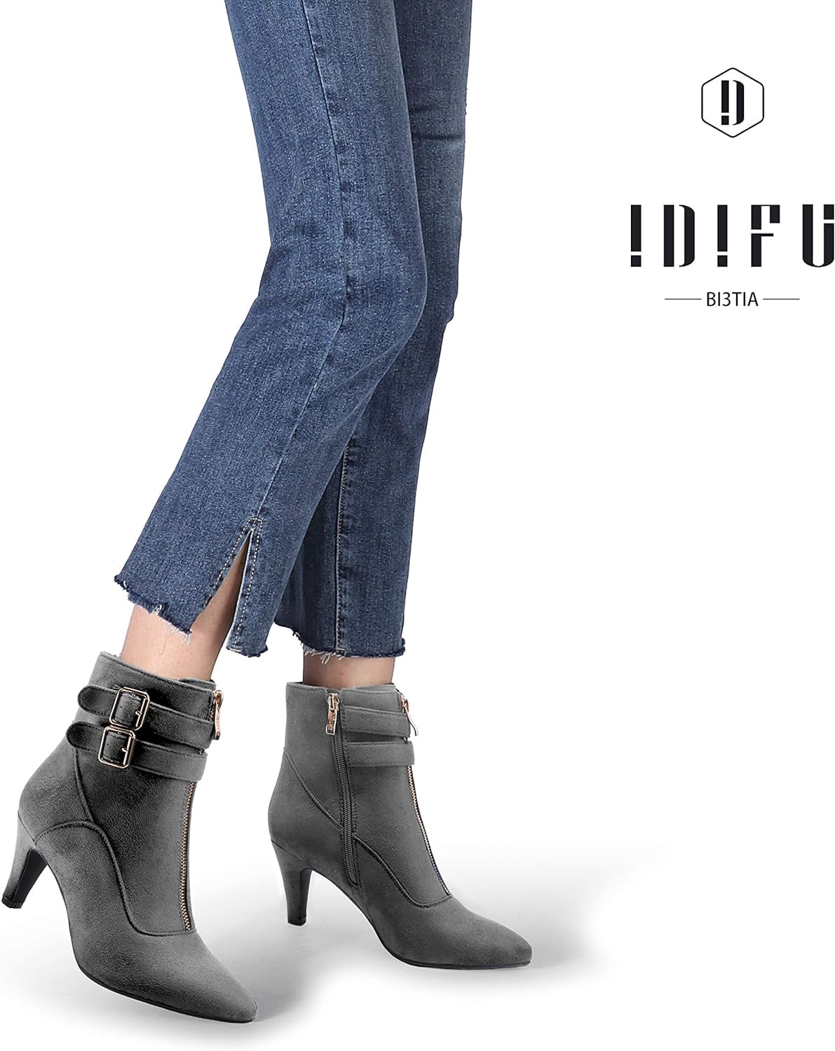 Women'S Buckle Strap Ankle Booties 3 Inch Pointed Toe Zipper Heels Dress Jeans Boots