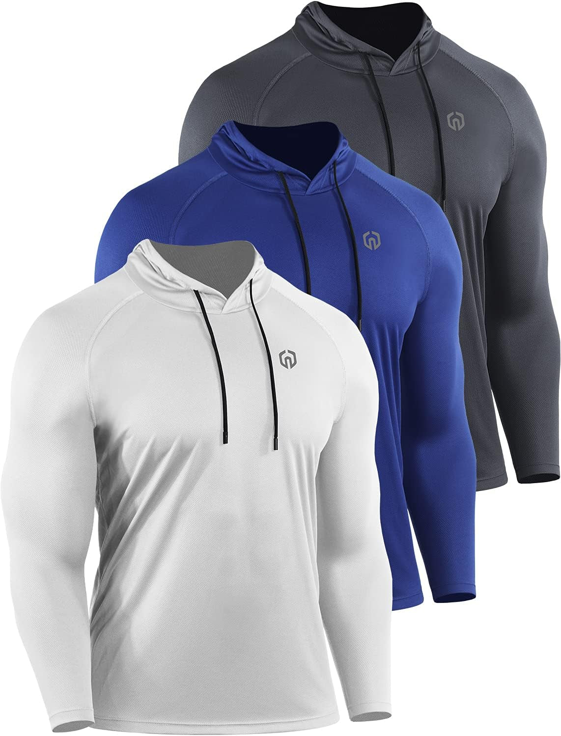 Men'S 3 Pack Mesh Running Shirt Long Sleeve Workout Athletic Shirts with Hoods,5095,White/Grey/Blue,3Xl