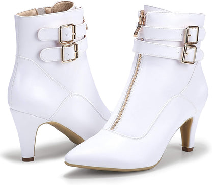 Women'S Buckle Strap Ankle Booties 3 Inch Pointed Toe Zipper Heels Dress Jeans Boots